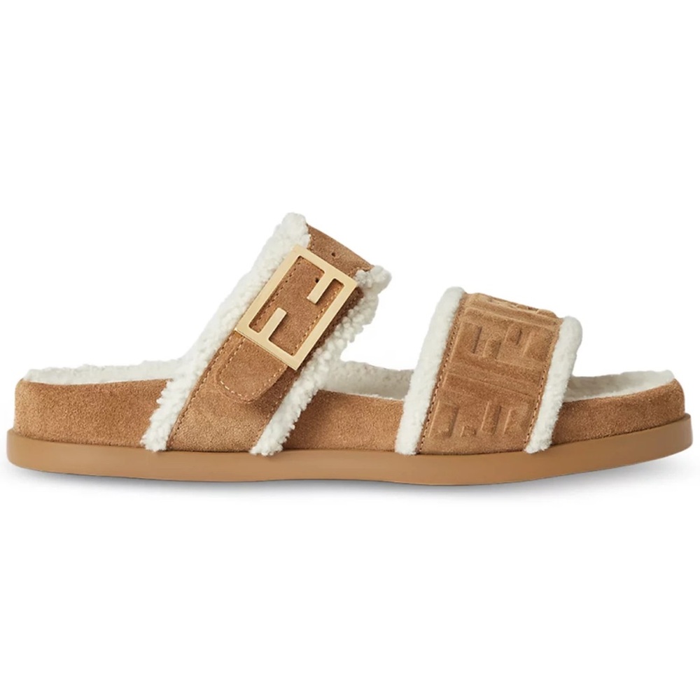 Fendi Feel Slide Shearling Fur Lined Bronze Monogram Logo Mule Flat Sandal 39 - Picture 1 of 16
